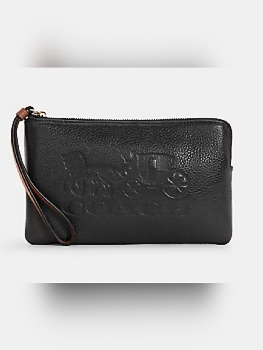 Coach Black Pebbled Leather Horse & Carriage Embossed Corner Zip Wristlet. 